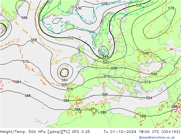 Z500/Yağmur (+YB)/Z850 GFS 0.25 Sa 01.10.2024 18 UTC