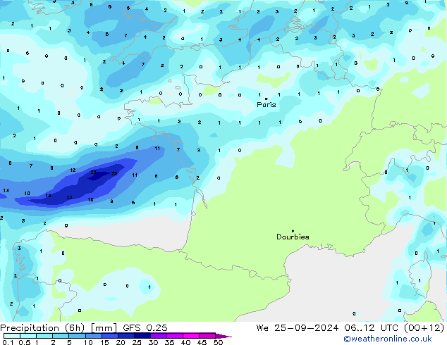 Z500/Rain (+SLP)/Z850 GFS 0.25 Mi 25.09.2024 12 UTC