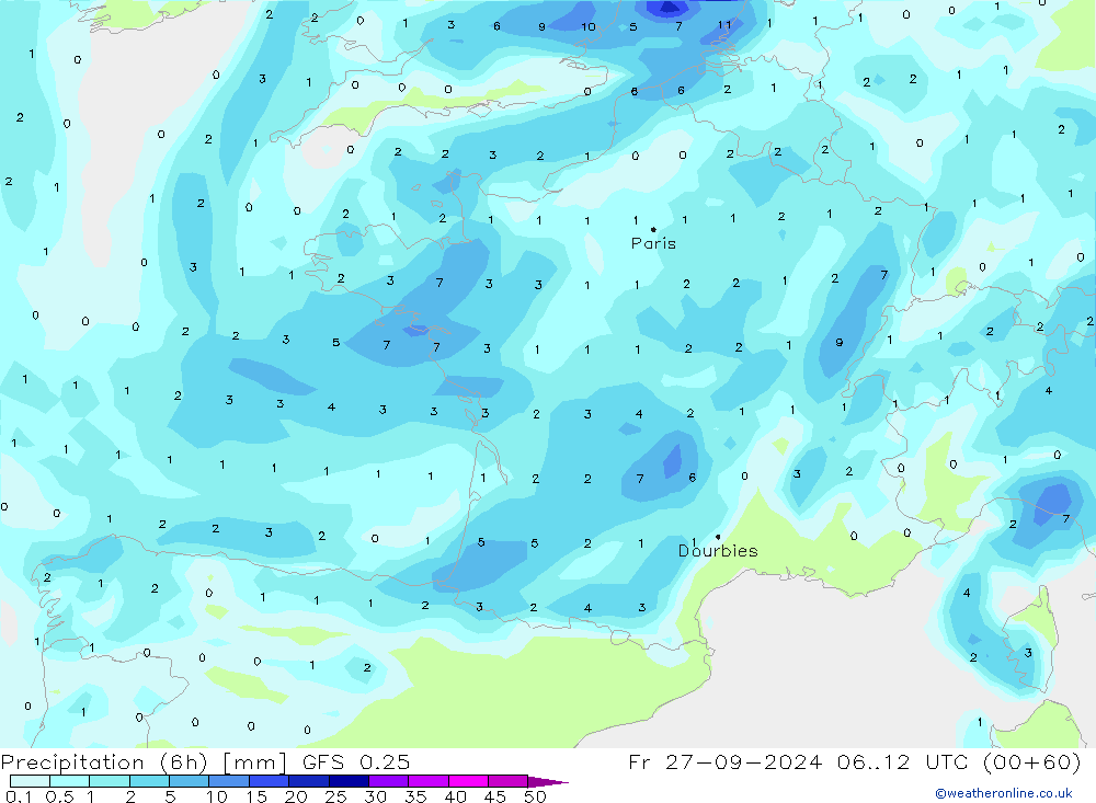 Z500/Rain (+SLP)/Z850 GFS 0.25 Fr 27.09.2024 12 UTC