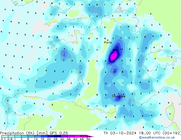 Z500/Rain (+SLP)/Z850 GFS 0.25 Th 03.10.2024 00 UTC