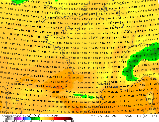 Temperature (2m) GFS 0.25 We 25.09.2024 18 UTC