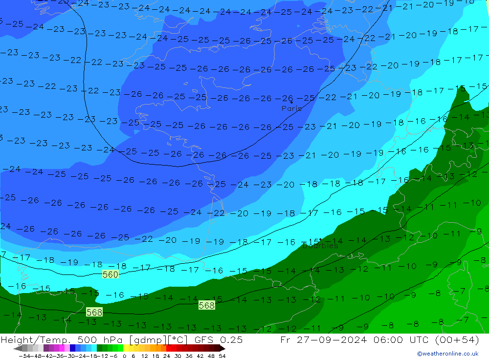 Z500/Rain (+SLP)/Z850 GFS 0.25 ven 27.09.2024 06 UTC