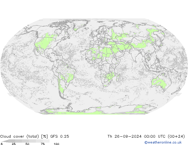 Cloud cover (total) GFS 0.25 Čt 26.09.2024 00 UTC