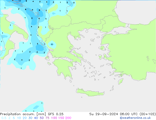 Precipitation accum. GFS 0.25 Su 29.09.2024 06 UTC