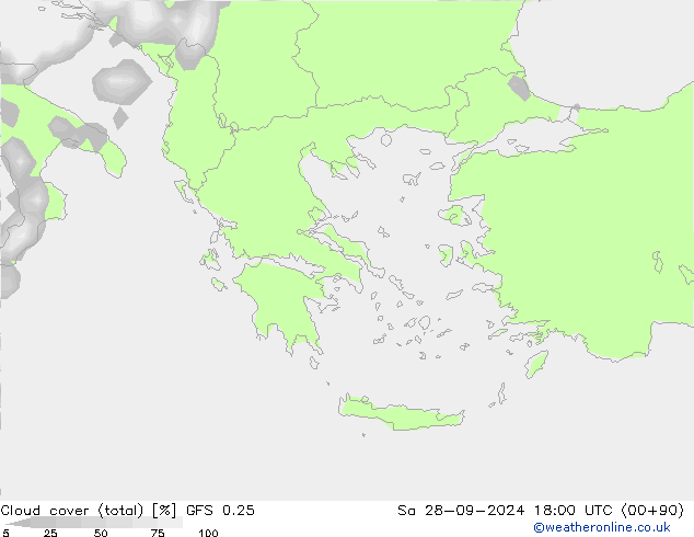 Cloud cover (total) GFS 0.25 Sa 28.09.2024 18 UTC