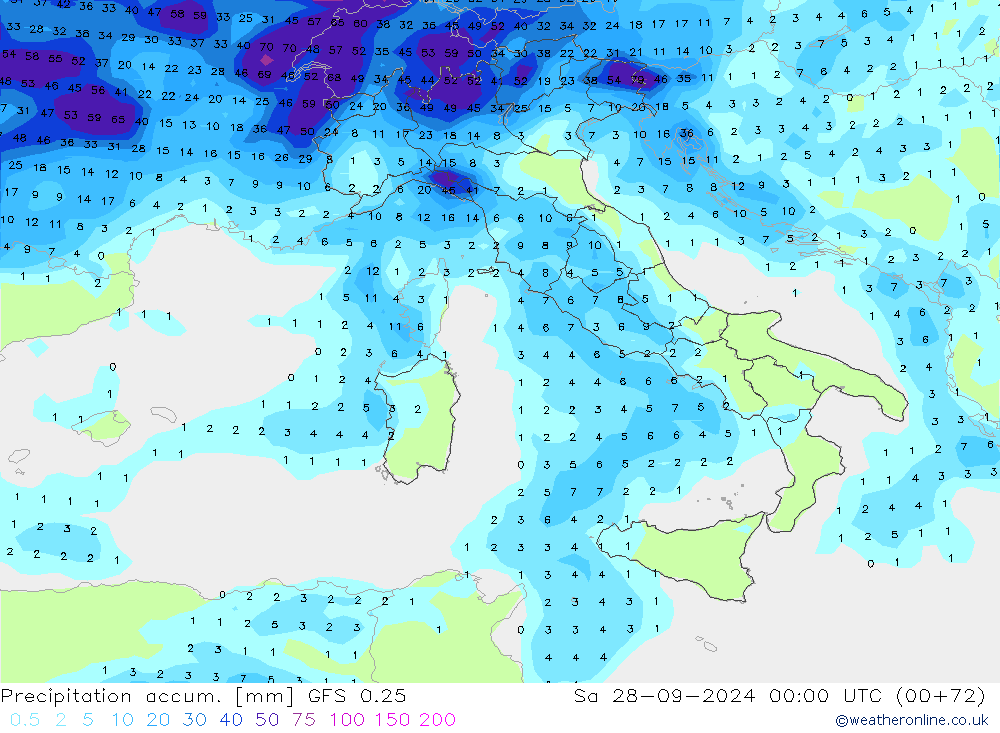 Precipitation accum. GFS 0.25 сб 28.09.2024 00 UTC