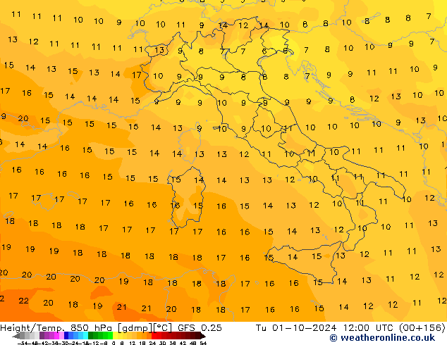 Height/Temp. 850 hPa GFS 0.25 mar 01.10.2024 12 UTC