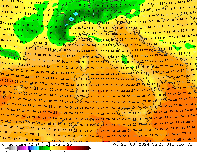 mapa temperatury (2m) GFS 0.25 śro. 25.09.2024 03 UTC