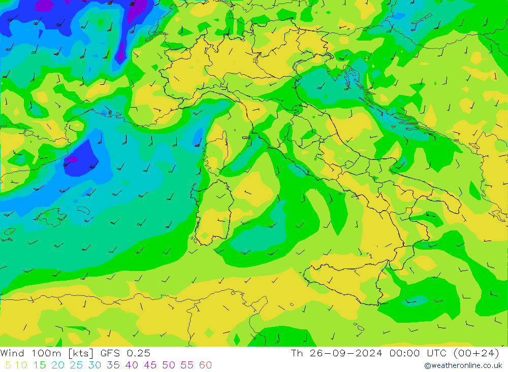 Vento 100m GFS 0.25 gio 26.09.2024 00 UTC