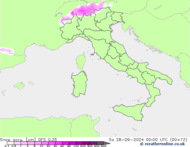 Snow accu. GFS 0.25 Sa 28.09.2024 00 UTC