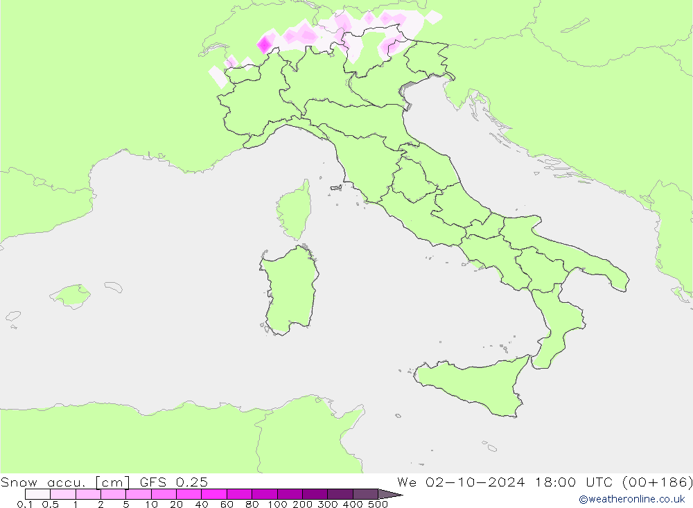 Snow accu. GFS 0.25 Qua 02.10.2024 18 UTC