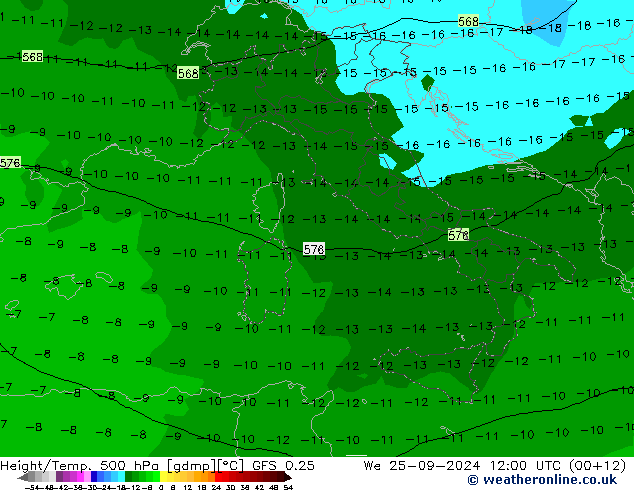 Z500/Rain (+SLP)/Z850 GFS 0.25 Qua 25.09.2024 12 UTC