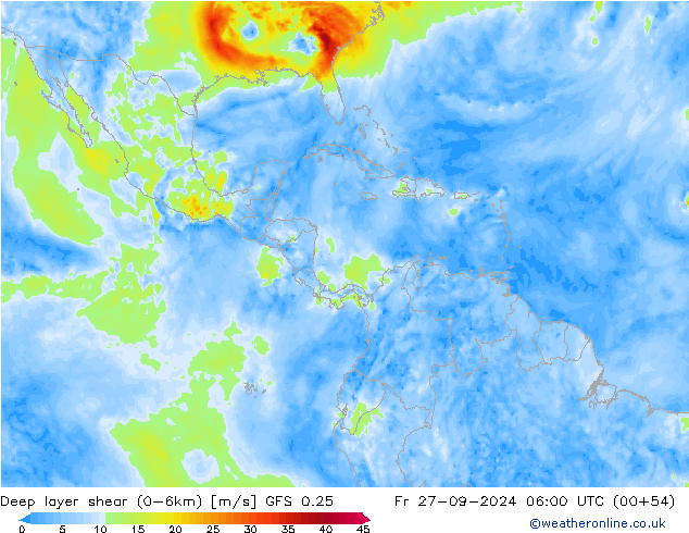 Deep layer shear (0-6km) GFS 0.25 Fr 27.09.2024 06 UTC