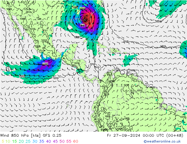 wiatr 850 hPa GFS 0.25 pt. 27.09.2024 00 UTC