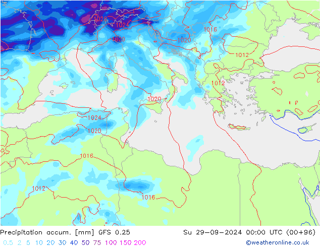 Precipitation accum. GFS 0.25 Su 29.09.2024 00 UTC