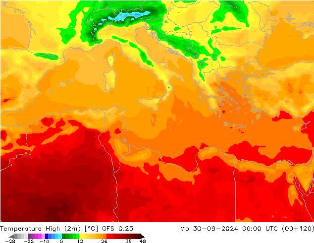 Temperatura máx. (2m) GFS 0.25 lun 30.09.2024 00 UTC