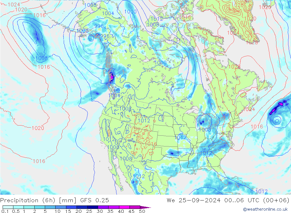 Z500/Rain (+SLP)/Z850 GFS 0.25  25.09.2024 06 UTC