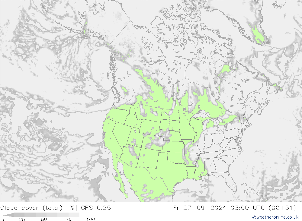 Cloud cover (total) GFS 0.25 Pá 27.09.2024 03 UTC