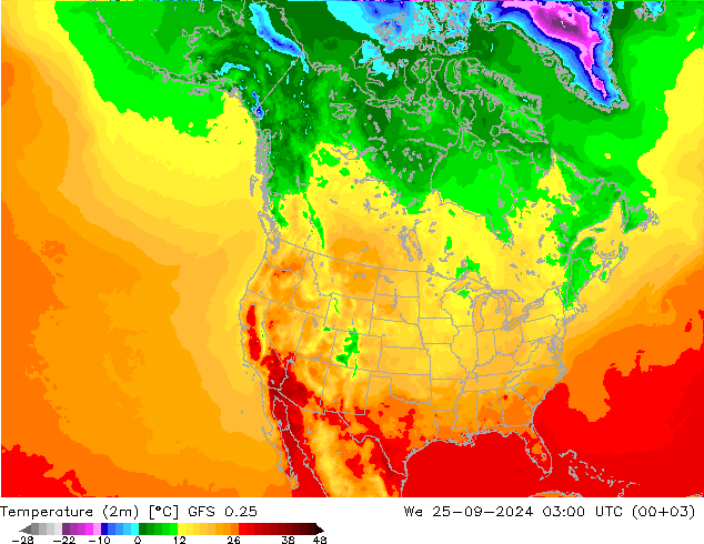 Temperaturkarte (2m) GFS 0.25 Mi 25.09.2024 03 UTC