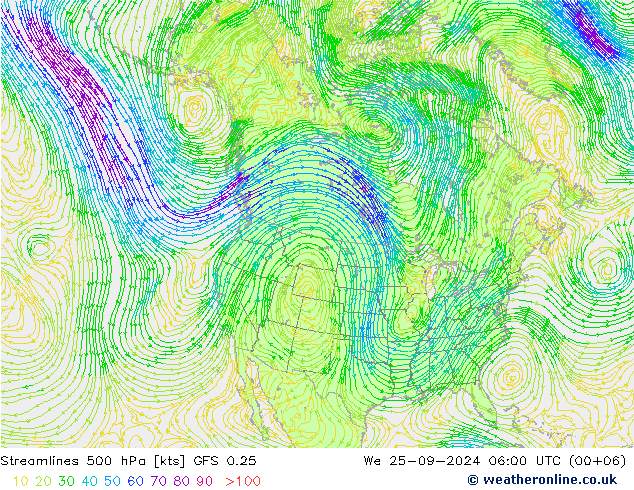 Linea di flusso 500 hPa GFS 0.25 mer 25.09.2024 06 UTC