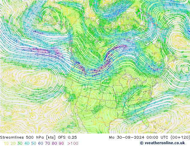 Línea de corriente 500 hPa GFS 0.25 lun 30.09.2024 00 UTC