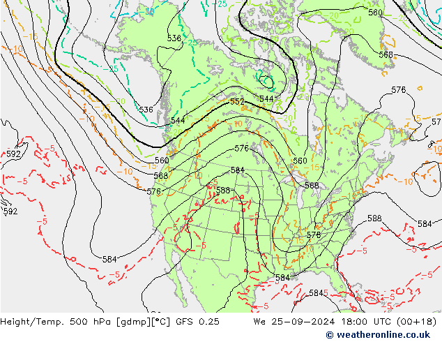 Z500/Rain (+SLP)/Z850 GFS 0.25 We 25.09.2024 18 UTC