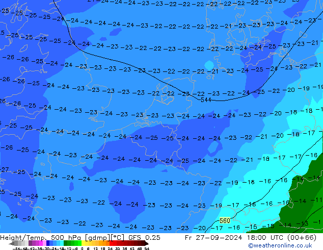 Z500/Yağmur (+YB)/Z850 GFS 0.25 Cu 27.09.2024 18 UTC