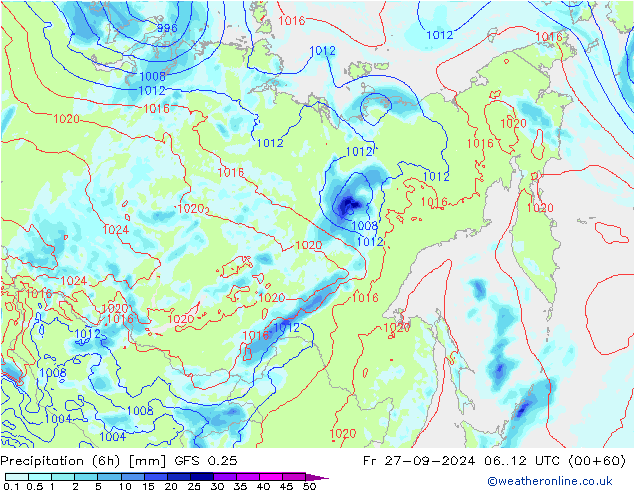 Z500/Rain (+SLP)/Z850 GFS 0.25 pt. 27.09.2024 12 UTC