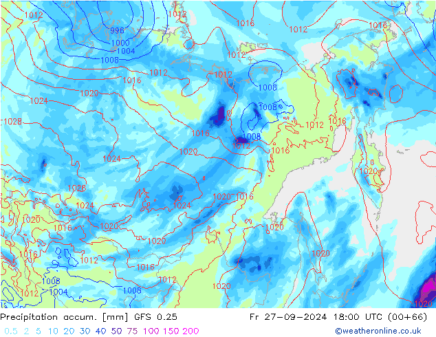 Précipitation accum. GFS 0.25 ven 27.09.2024 18 UTC