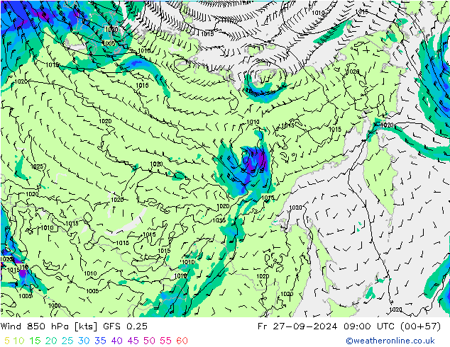 Wind 850 hPa GFS 0.25 Fr 27.09.2024 09 UTC