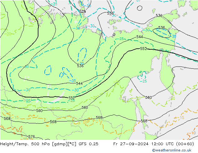 Z500/Rain (+SLP)/Z850 GFS 0.25 pt. 27.09.2024 12 UTC