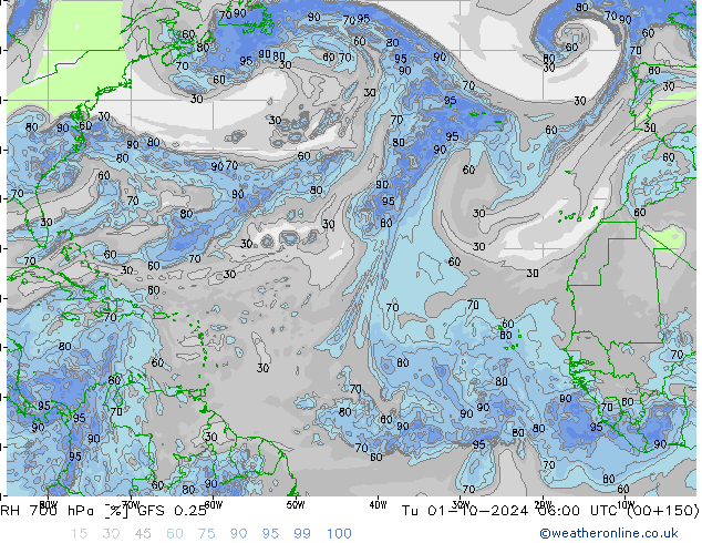 RV 700 hPa GFS 0.25 di 01.10.2024 06 UTC