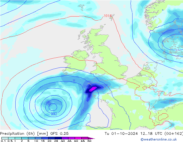 Z500/Rain (+SLP)/Z850 GFS 0.25 Ter 01.10.2024 18 UTC