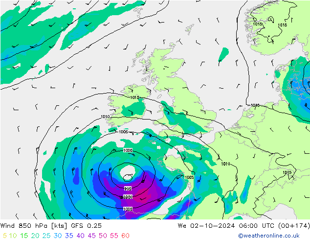 Wind 850 hPa GFS 0.25 We 02.10.2024 06 UTC