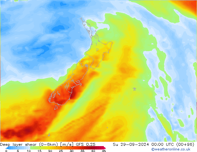 Deep layer shear (0-6km) GFS 0.25  29.09.2024 00 UTC