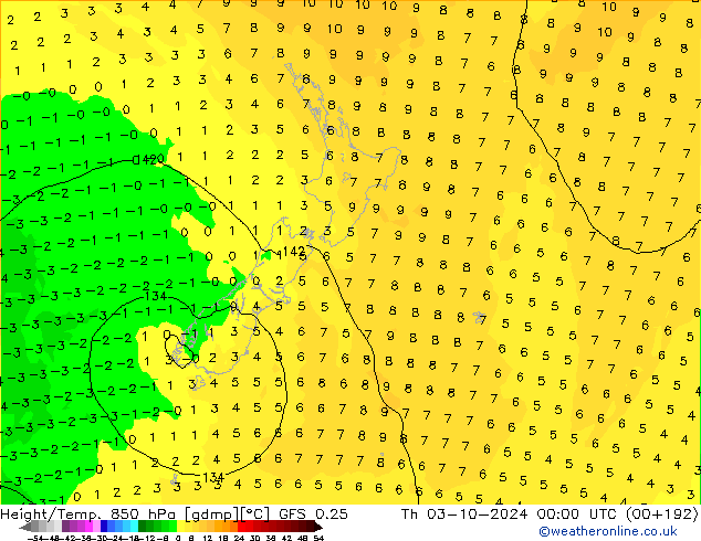 Geop./Temp. 850 hPa GFS 0.25 jue 03.10.2024 00 UTC