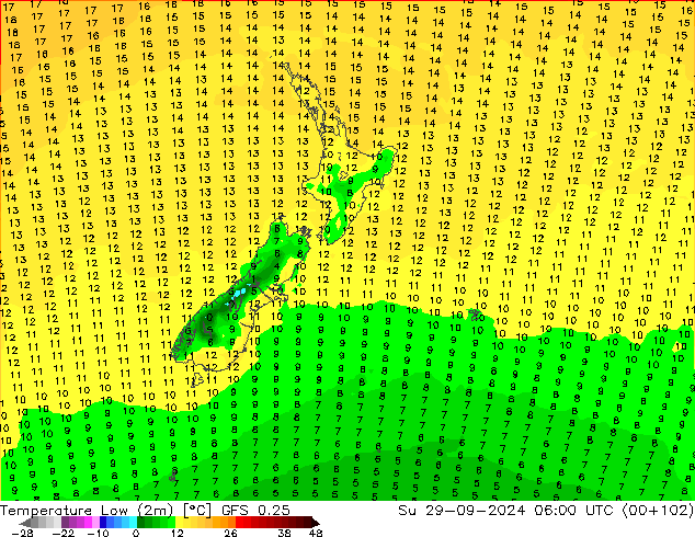 Tiefstwerte (2m) GFS 0.25 So 29.09.2024 06 UTC