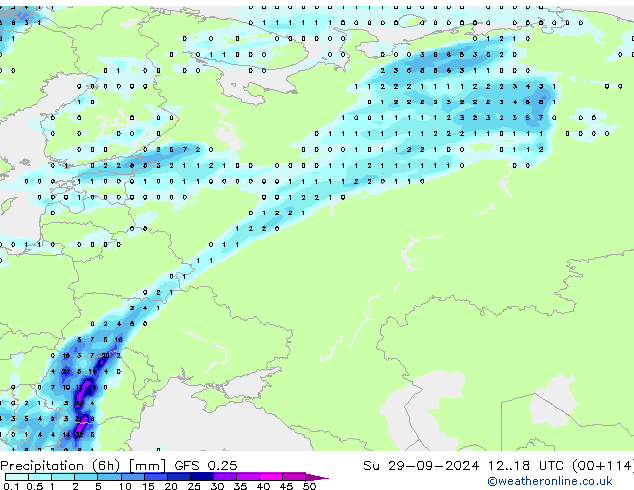 Precipitation (6h) GFS 0.25 Su 29.09.2024 18 UTC