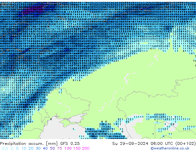 Precipitation accum. GFS 0.25  29.09.2024 06 UTC