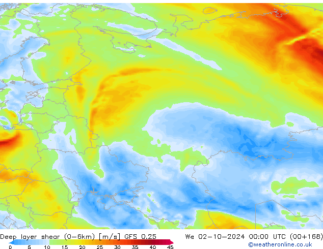 Deep layer shear (0-6km) GFS 0.25 mié 02.10.2024 00 UTC