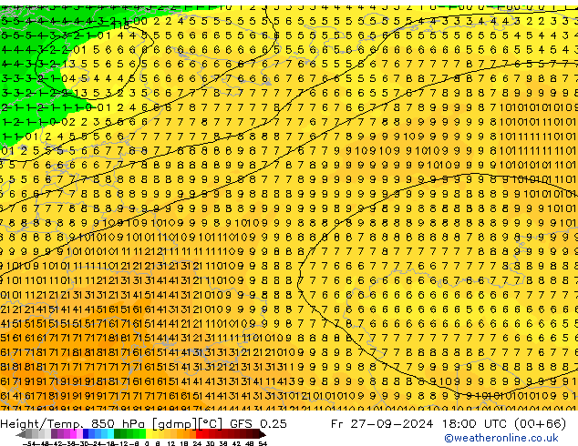 Z500/Rain (+SLP)/Z850 GFS 0.25 Fr 27.09.2024 18 UTC