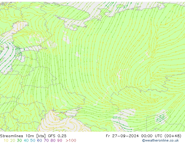 Linia prądu 10m GFS 0.25 pt. 27.09.2024 00 UTC