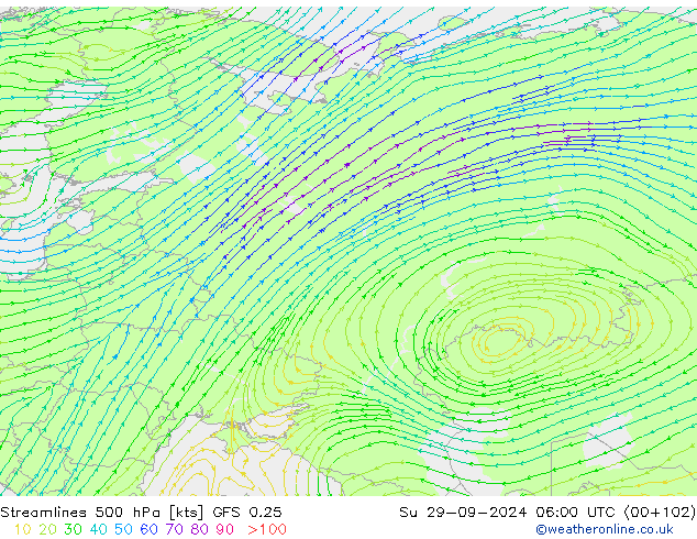 Streamlines 500 hPa GFS 0.25 Su 29.09.2024 06 UTC