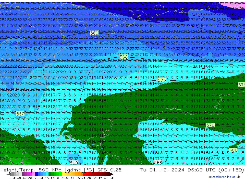 Z500/Rain (+SLP)/Z850 GFS 0.25 вт 01.10.2024 06 UTC