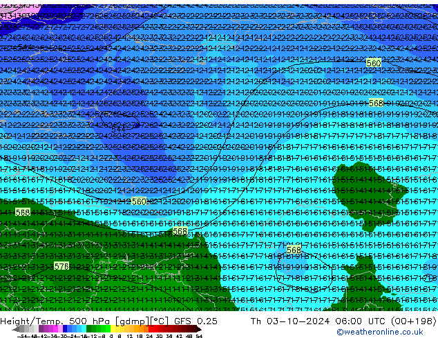 Z500/Rain (+SLP)/Z850 GFS 0.25 Th 03.10.2024 06 UTC