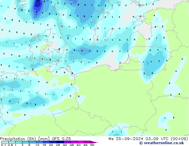 Z500/Rain (+SLP)/Z850 GFS 0.25 Qua 25.09.2024 09 UTC