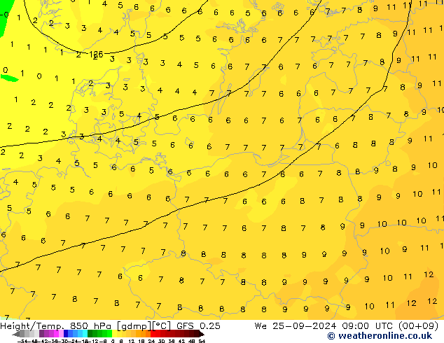 Height/Temp. 850 hPa GFS 0.25 Mi 25.09.2024 09 UTC