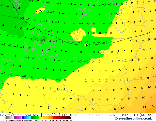 Géop./Temp. 850 hPa GFS 0.25 sam 28.09.2024 18 UTC