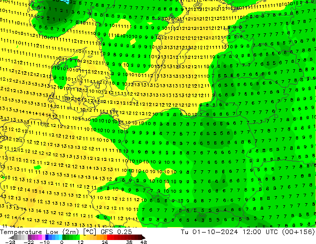 Min. Temperatura (2m) GFS 0.25 wto. 01.10.2024 12 UTC