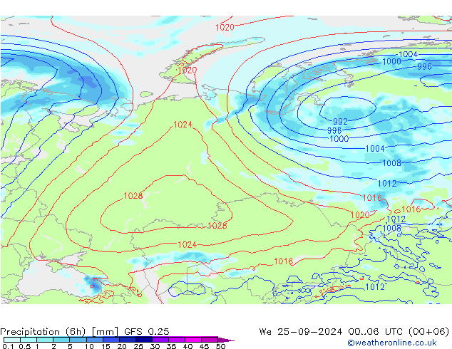 осадки (6h) GFS 0.25 ср 25.09.2024 06 UTC